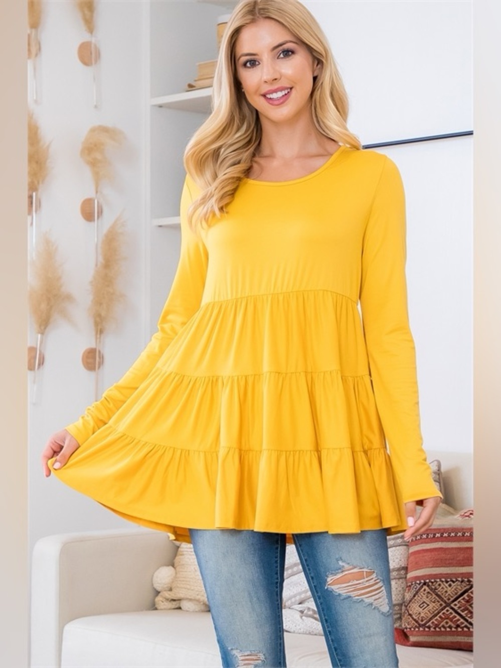 Yellow Flowy Tiered Tunic Top Casual Long Sleeve